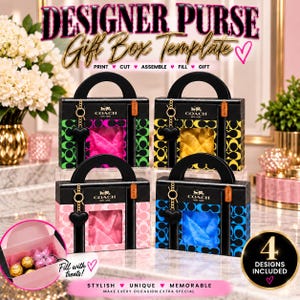 May include: Four rectangular gift boxes shaped like handbags with Coach New York branding and a heart charm. Each box features a different color pattern: neon green, yellow, pink, and blue. The text reads DESIGNER PURSE Gift Box Template.