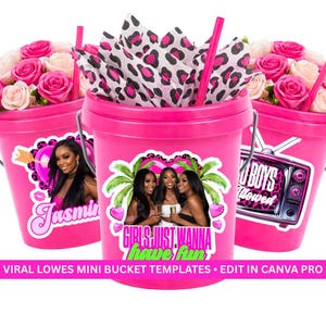 May include: Three pink mini buckets with floral arrangements, straws, and decorative stickers. One bucket has the name "Jasmin", another says "Girls Just Wanna Have Fun", and the third says "Bad Boys Followed". The buckets are filled with pink and white roses.