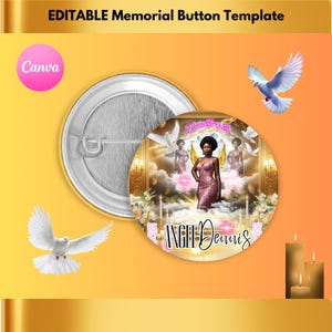 May include: A gold button with a white background featuring a woman in a pink dress standing in front of a golden gate with clouds and doves. The text "Angel Dennis" is written in pink and black letters at the bottom of the button.