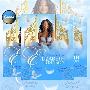 Puede incluir: Un diseño de plantilla conmemorativa con una combinación de colores azul y dorado. El diseño presenta a una mujer, palomas, rosas y el texto "In Loving Memory of Elizabeth Johnson". La plantilla incluye el texto "Sunrise 4/2/03" y "Sunset 8/23/24."