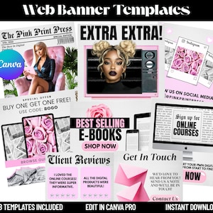 May include: A promotional graphic for web banner templates. The design features pink and black elements, including newspaper-style layouts, Instagram mockups, and a retro television. Text includes "Extra Extra!" and "Best Selling E-Books."