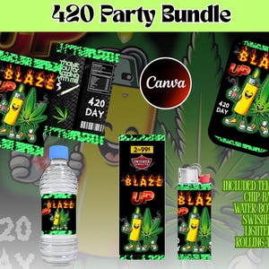 Editable 420 Party Bundle, Chip Bag, Water Bottle Label (Canva Template, Instant Download)