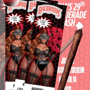 May include: A promotional poster with the text "BACKWOODS TEMPLATE" in red and white. The poster features images of women in lingerie, a cigar, and the text "WARNING: A REAL BITCH'S BIRTHDAY."