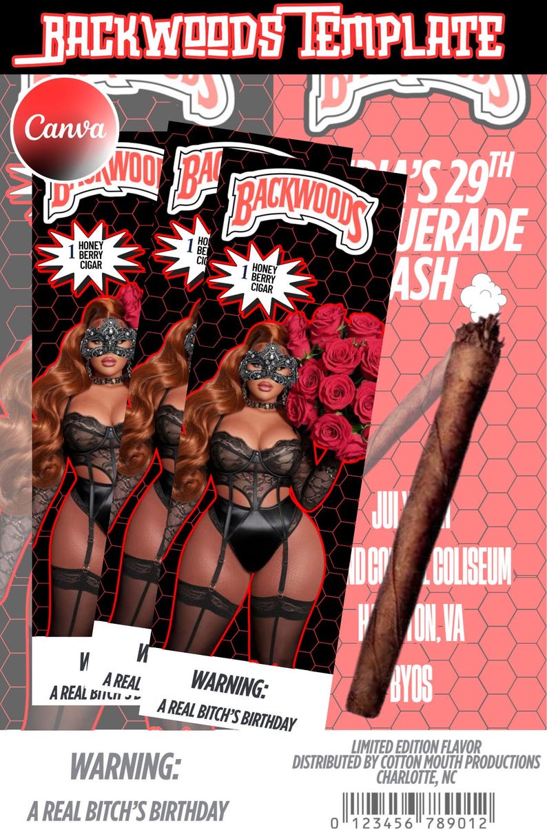 May include: A promotional poster with the text "BACKWOODS TEMPLATE" in red and white. The poster features images of women in lingerie, a cigar, and the text "WARNING: A REAL BITCH'S BIRTHDAY."