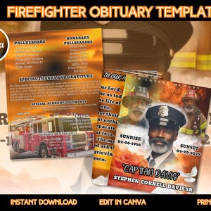 以下が含まれることがあります： 消防士の死亡記事テンプレート、夕焼けをテーマにしたデザイン。消防士の写真、消防車、および「Captain Davis」や「Sunrise 02-06-1956」などのテキストが含まれています。テンプレートはすぐにダウンロードでき、Canvaで編集できます。