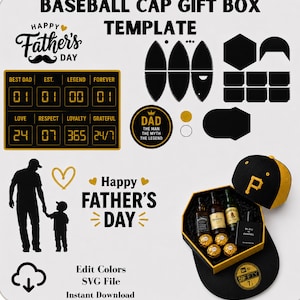 May include: A baseball cap gift box template with text that reads "Happy Father's Day." The image includes a baseball cap, a gift box with bottles, and a silhouette of a father and child. The text "Edit Colors SVG File Instant Download" is also present.