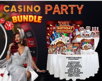 May include: A casino party bundle with a glamorous theme. The image features a woman in a silver dress, dice, playing cards, and a roulette wheel. The bundle includes invitations, wine labels, water bottles, chip bags, shot glasses, and more.