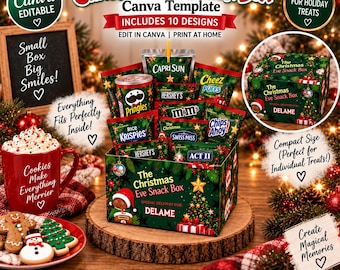 May include: A Christmas Eve snack box Canva template featuring 10 designs. The box is green with holiday graphics, including a gingerbread person and a Christmas tree. It is filled with various snack packages like Pringles, M&Ms, and Hershey's.