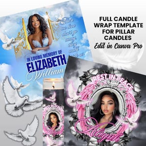 Pode incluir: Um modelo de embrulho de vela memorial com uma foto de uma mulher, pombas e o texto "In Loving Memory of Elizabeth Williams". O design inclui uma moldura floral e as palavras "Rest in Peace".