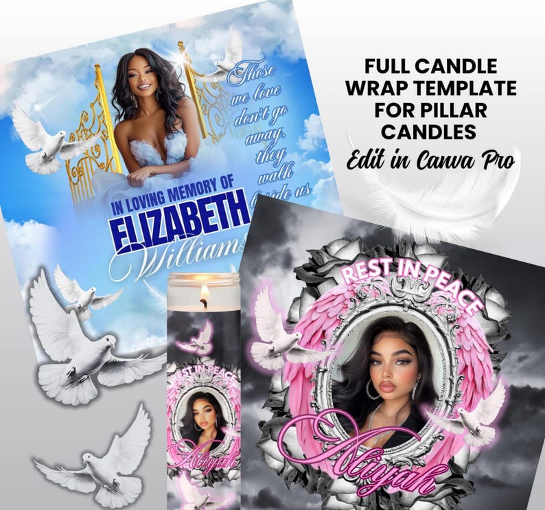 Pode incluir: Um modelo de embrulho de vela memorial com uma foto de uma mulher, pombas e o texto "In Loving Memory of Elizabeth Williams". O design inclui uma moldura floral e as palavras "Rest in Peace".