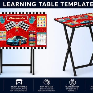 May include: A foldable learning table with a black metal frame and a rectangular top featuring a red racing theme. The surface displays the text Danario, a blue sports car, checkered flags, and educational charts for colors, shapes, numbers, months, days, and the alphabet.