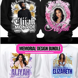 以下が含まれることがあります： 黒と白のメモリアルデザインのパーカーとスウェットシャツ。パーカーには肖像画、名前、日付が描かれており、「In Loving Memory」や「Rest in Peace」などのフレーズが使用されています。スウェットシャツも同様のデザインで、「Memorial Design Bundle」というテキストが含まれています。