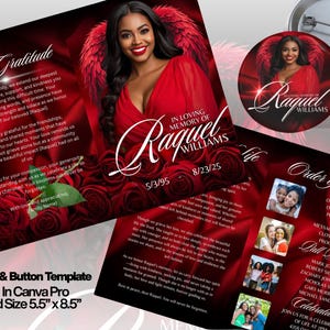 Puede incluir: Un programa conmemorativo y una plantilla de botón con un esquema de color rojo y negro. El programa presenta una foto de una mujer con alas de ángel, rosas y el nombre "Raquel Williams". El botón tiene la misma imagen. Tamaño plegado 14 cm x 21,6 cm.