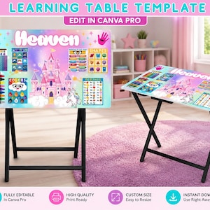 May include: A rectangular learning table template with a pastel rainbow background featuring a pink castle, a unicorn, and educational charts for numbers, colors, shapes, and feelings. The word Heaven is printed in white at the top center.