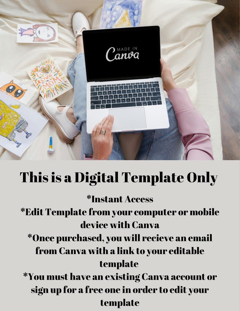 以下が含まれることがあります： Canvaのロゴが表示されたラップトップを抱える人物。周りには絵や白い靴があります。画面には「MADE IN Canva」と表示されています。画像には「This is a Digital Template Only」というテキストも含まれています。