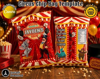 Editable Circus Chip Bag Template: Canva Birthday Party Favor (Digital Download)