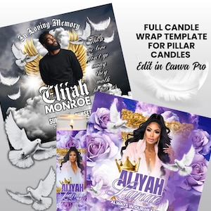 Pode incluir: Modelo completo de embrulho de vela para velas de pilar. O design apresenta um tema memorial com imagens de pombas, nuvens e uma pessoa. O texto inclui "In Loving Memory" e nomes. Editar no Canva Pro.