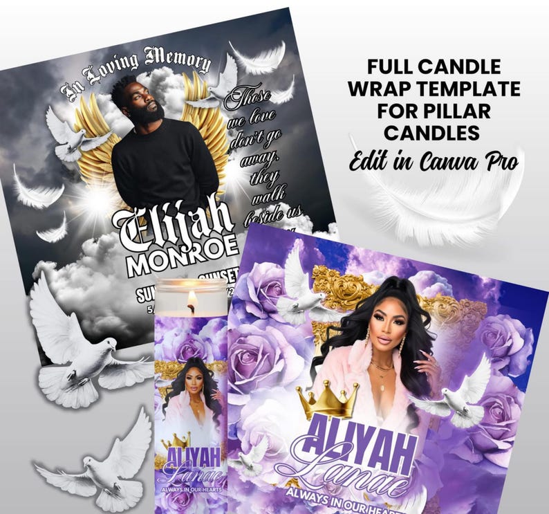 Pode incluir: Modelo completo de embrulho de vela para velas de pilar. O design apresenta um tema memorial com imagens de pombas, nuvens e uma pessoa. O texto inclui "In Loving Memory" e nomes. Editar no Canva Pro.