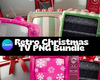 May include: A collection of retro-style Christmas-themed televisions in various colors, including red, pink, and green. Some TVs feature snowflake designs, while others have candy cane decorations. The image includes the text "Retro Christmas TV PNG Bundle."