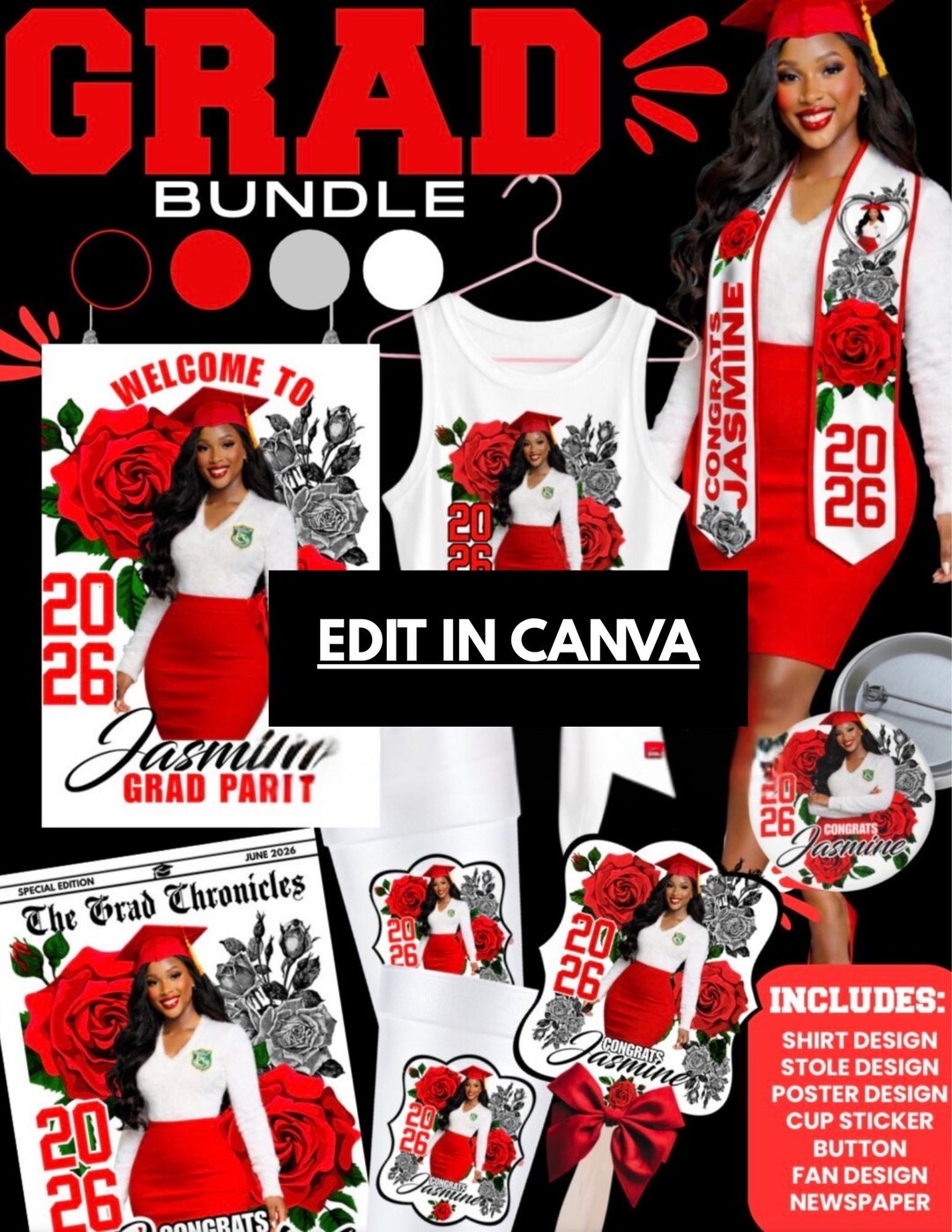 Red Graduation Template Bundle, Editable Graduation Designs (digital ...