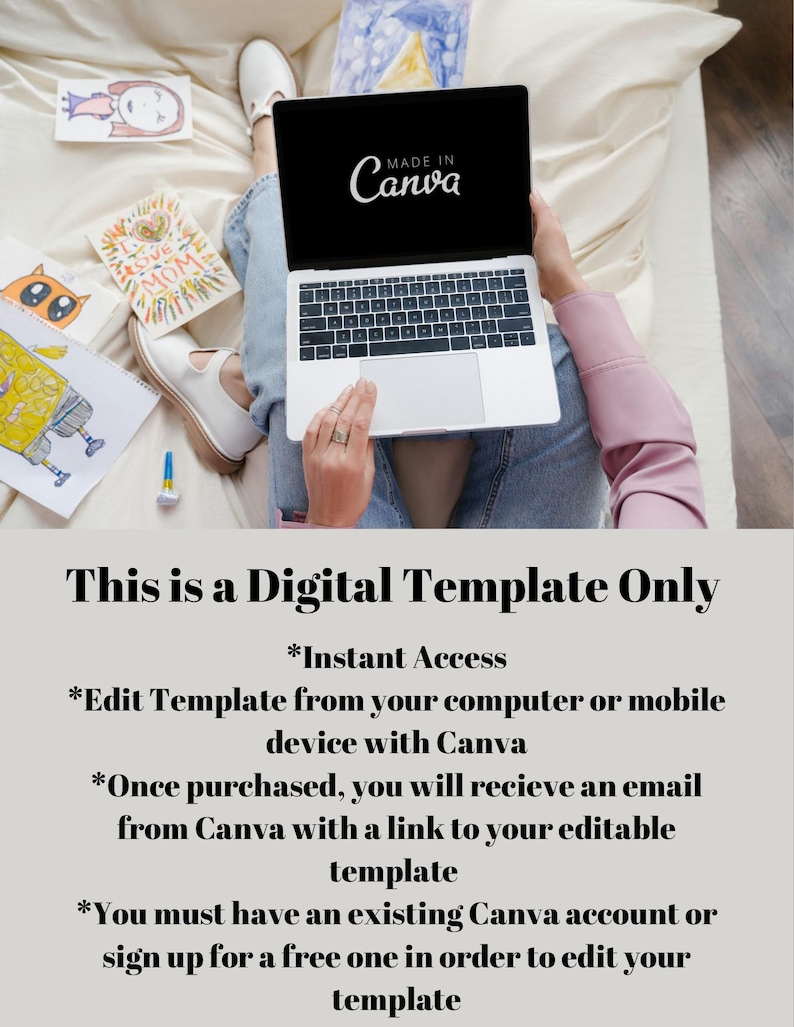 May include: A person holding a laptop with the Canva logo on the screen, surrounded by drawings and white shoes. The text on the screen says "MADE IN Canva". The image also includes the text "This is a Digital Template Only".