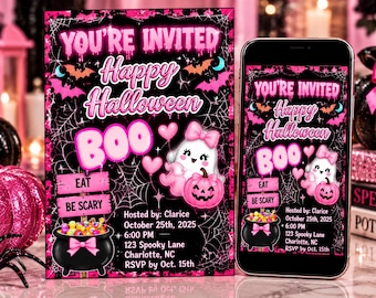 May include: A rectangular Halloween invitation and a smartphone displaying the same digital invitation. Both feature a black background with spiderwebs, pink text reading YOU'RE INVITED, Happy Halloween, BOO, EAT, BE SCARY, and a ghost with a pink bow.