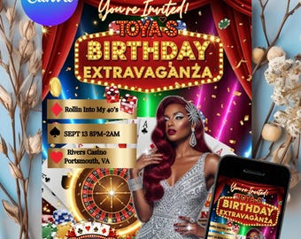 May include: Casino-themed birthday invitation featuring a woman in a silver dress, playing cards, and a roulette wheel. The invitation includes the text "TOYA'S BIRTHDAY EXTRAVAGANZA" and event details. A smartphone displays the invitation.