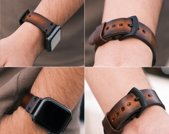 Apple Watch Band, Leather Watch Band 38mm 40mm 41mm, iWatch Leather Band 42mm 44mm 45mm 49mm, Custom Mens Burnished Brown Apple Watch Strap