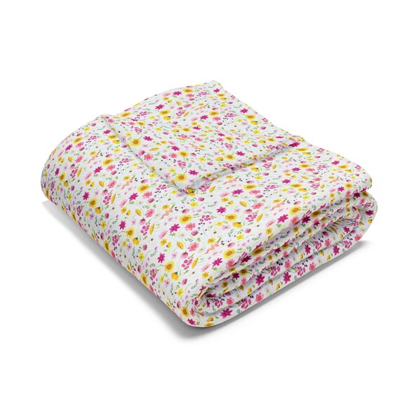 Fleece Blanket Cute Yellow Pink Flower Pattern, Baby Girl Gift,  Springtime Gift, Cozy Nursery Decor, Soft Kids Floral Throw, Baby Shower