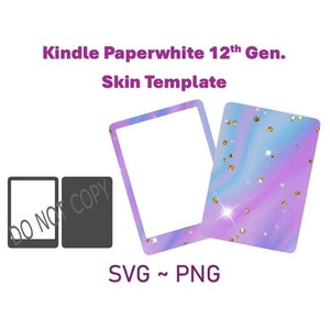 May include: A digital skin template for the Kindle Paperwhite 12th Generation. The template features a purple and blue background with gold glitter accents. The template is available in SVG and PNG formats.