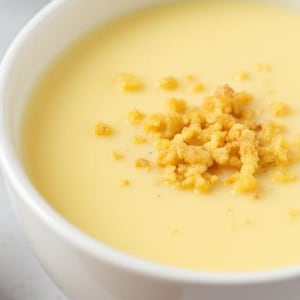 Könnte beinhalten: Nahaufnahme einer weißen Schüssel mit cremiger, gelber Suppe, garniert mit goldbraunen Croutons. Die Suppe hat eine glatte Textur, und die Croutons sorgen für einen Kontrast. Die Schüssel steht vor einem hellen Hintergrund.