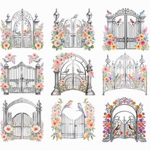 Tuinhekken, handgetekende stijl, grillig ontwerp, pastelkleuren, bloemenkrans, vogels, plannerdecor, doe-het-zelf, digitale download, png-bestand