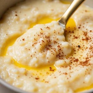 Może przedstawiać: Zbliżenie miski wypełnionej kremową, jasnożółtą owsianką. Złota łyżka nabiera porcję dania, odsłaniając kałużę roztopionego masła i posypkę brązowej przyprawy. Miska ma neutralny, jasnoszary kolor.