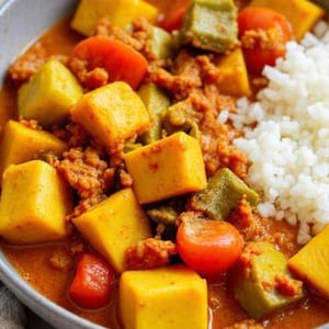 Peut inclure: Gros plan sur un bol de curry coloré. Le plat comprend des légumes jaunes coupés en cubes, des légumes verts et des tomates cerises rouges dans une sauce orange. Une portion de riz blanc est présente.