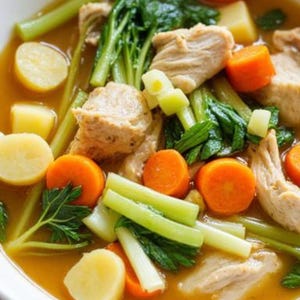 May include: A close-up shot of a bowl filled with a hearty soup. The soup contains chunks of cooked chicken, sliced carrots, potatoes, celery, and green leafy vegetables. The broth is a light orange color, and the bowl is white.