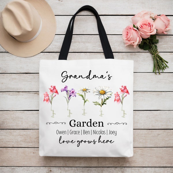 Personalized Grandma's Garden Tote Bag Gift for Nana Mother's Day Gift Custom Tote Bags with Kids or Grandkids Names and Birth Flowers