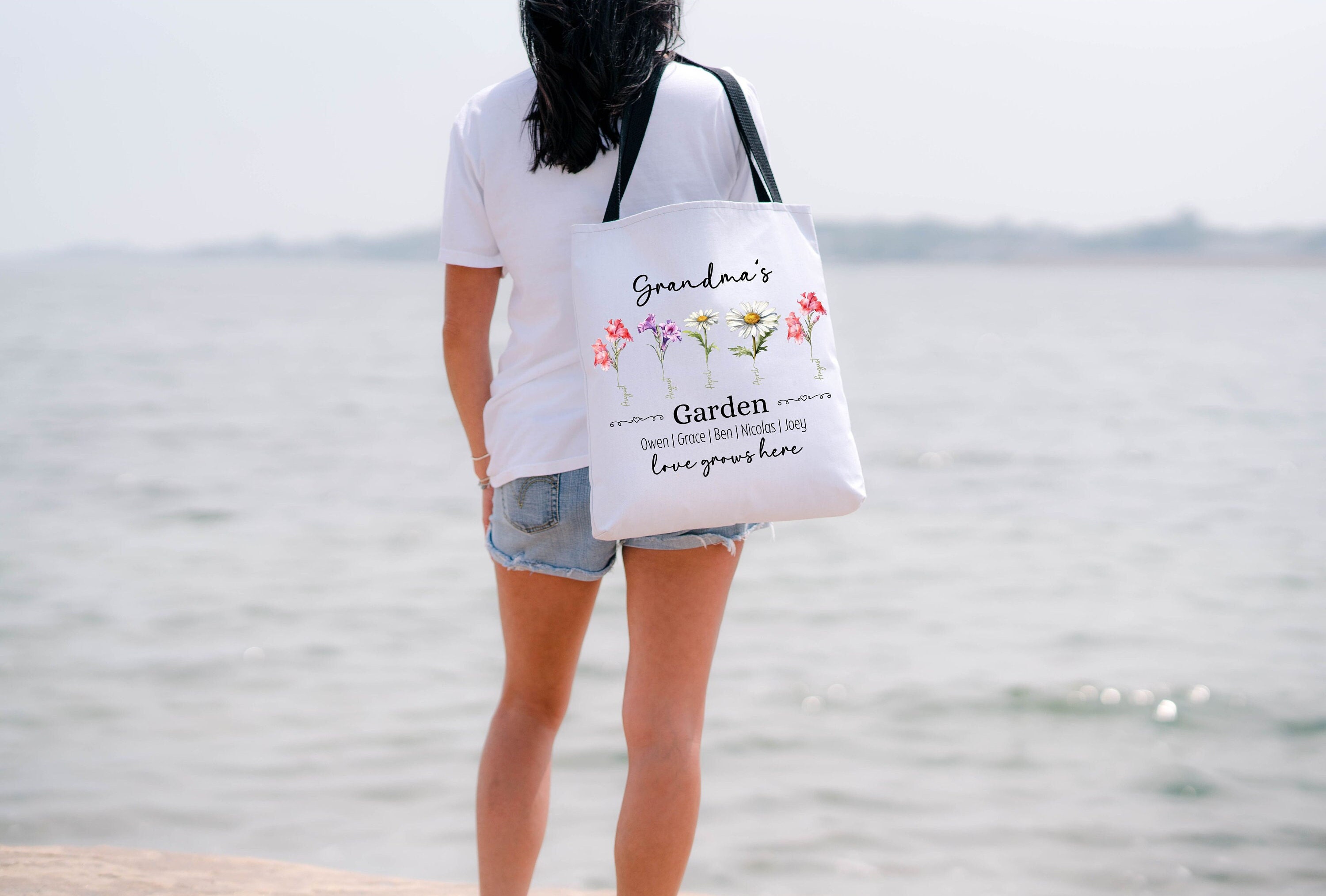 Personalized Mom's Grandma's Garden 1-10 Birth Flowers Vase Tote Bag With Names Birthday Mother's Day Gift For Family Women