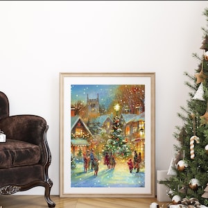Arte de pared navideño vintage, impresión navideña de pueblo nevado, árbol de Navidad, decoración navideña, decoración de pared navideña, arte de invierno, decoración de temporada