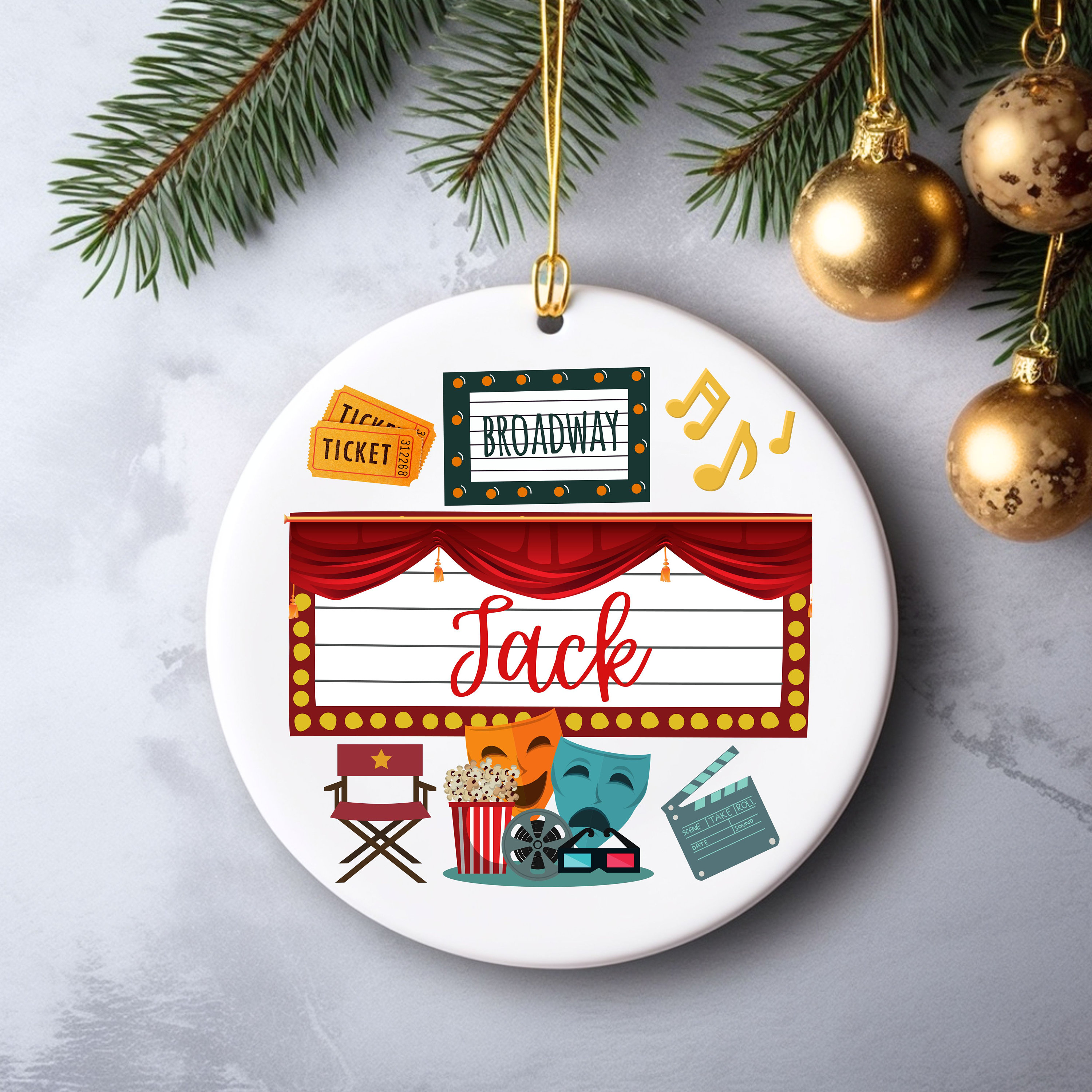 Personalized Theatre Christmas Ornament,  Broadway Ornament, Custom Keepsake Gift, Actor Actress Performer, Musical Play Stage, Drama Club