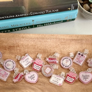 Puede incluir: Una colección de tiradores de cremallera de acrílico transparente con varios diseños temáticos de libros. Los tiradores presentan frases como "Bookish Girlie" y "Reading is my jam", junto con ilustraciones de libros y tarros de mermelada. Los tiradores son en tonos rosa y blanco.
