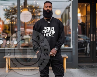 Black Sweatshirt Mockup Gildan 18000 Sweatshirt Mockup Black Man Mockup African American Man Black Sweatshirt Mock Up - VM1