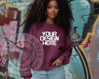 Burgundy Sweatshirt Mockup Gildan 18000 Sweatshirt Mockup Black Girl Mockup African American Woman Burgundy Sweatshirt Mock Up v1