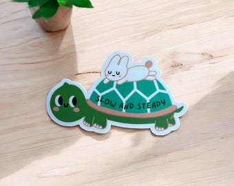 May include: A green turtle with a smiling face and the text "Slow and Steady" on its shell. A white rabbit is lying on top of the turtle's shell.