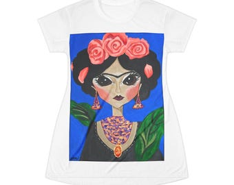 Frida Inspired T-Shirt Dress, Boho Chic Floral Art Outfit