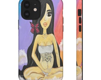 May include: A phone case with a colorful illustration of a woman with long black hair, wearing a white top and a butterfly tattoo. The background is a gradient of purple, pink, and orange.