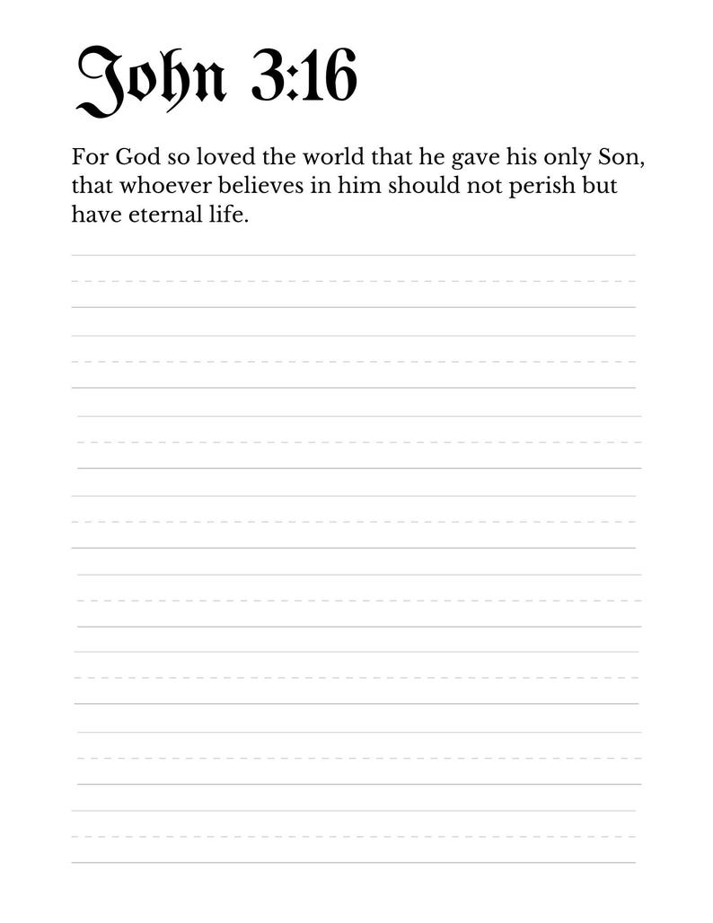 Each verse is included in two formats for tracing or copying.