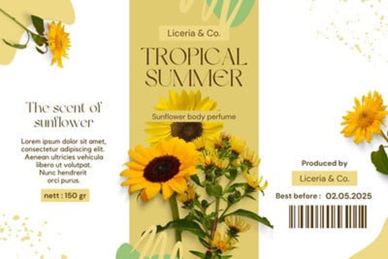 Op de afbeelding: Een geel en groen productetiket met de tekst "Liceria & Co. TROPICAL SUMMER Sunflower body perfume" en een zonnebloemgrafiek. De tekst "Geproduceerd door Liceria & Co. T.H.T.: 02.05.2025" staat ook op het etiket.