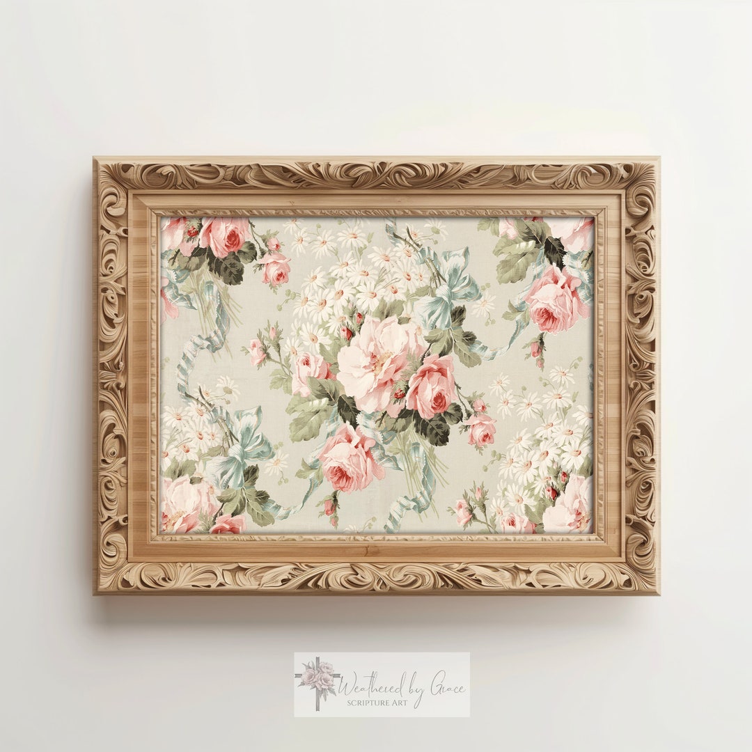 Vintage Wall Art | Pink Floral Tapestry | 1800s Antique Print | Cottage ...