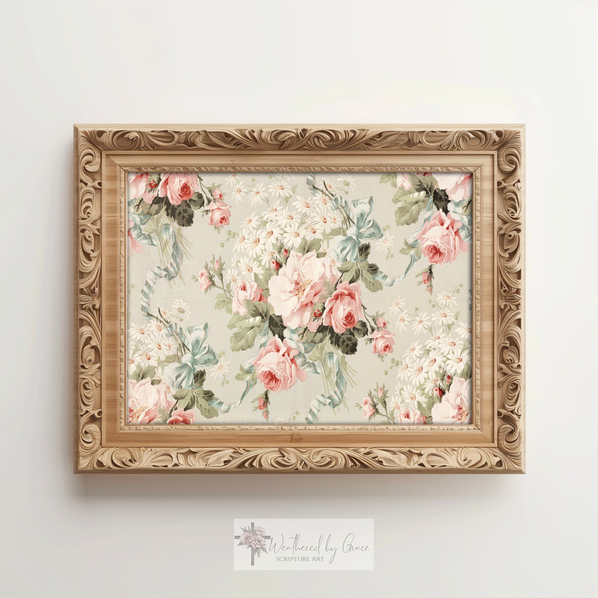 Vintage Wall Art | Pink Floral Tapestry | 1800s Antique Print | Cottage ...