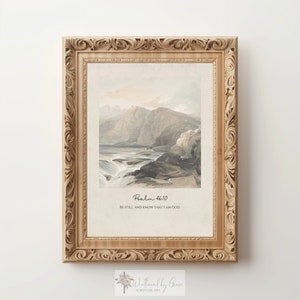Scripture Wall Art | Psalm 46 10 | Vintage Mountain Art | Antique Painting | Bible Verse Art | Christian Wall Art | Digital Download